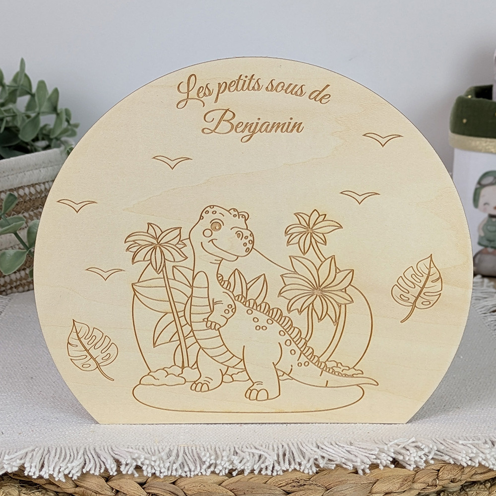 Tirelire en bois personnalisée thème dinosaure avec prénom gravé
