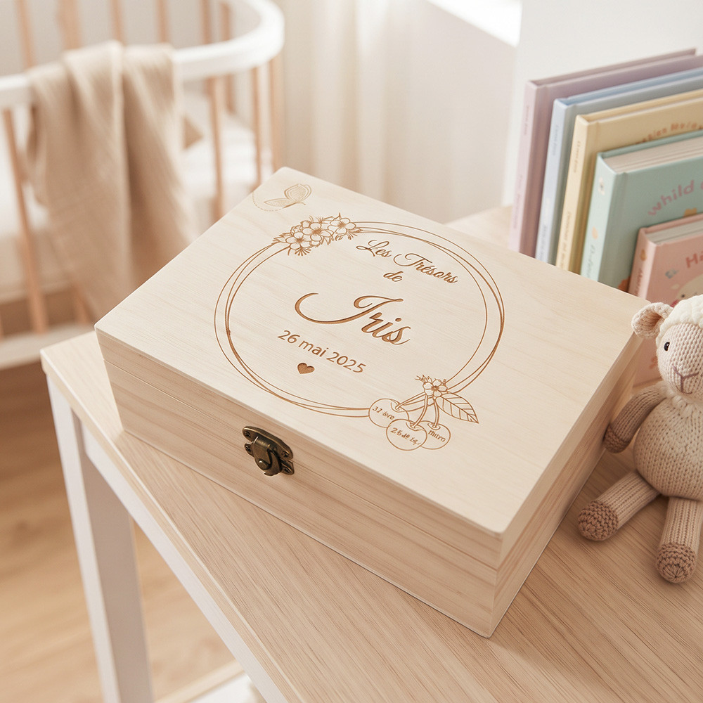 Boîte naissance en bois personnalisée, cerises