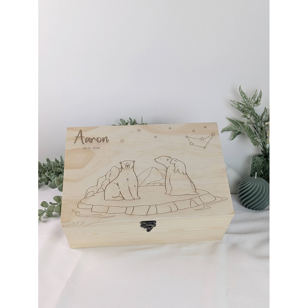 Boîte à souvenirs de naissance en bois personnalisée avec prénom, gravure ours polaires et constellation