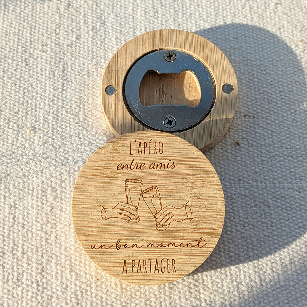 Décapsuleur rond bois Apéro & Bière · Cadeau humour gravé