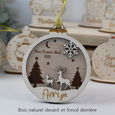 Boule de Noël Flocon et Renne bois clair et foncé